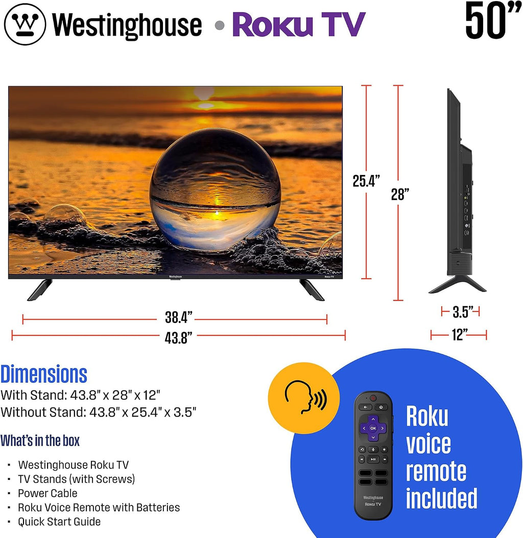 Westinghouse Roku TV - 50 Inch Smart TV, 4K UHD QLED Television w/HDR 10+, Dolby Vision, Wi-Fi & Mobile App Connectivity, Flat Screen Compatible w/Apple HomeKit, Alexa, & Google Assistant