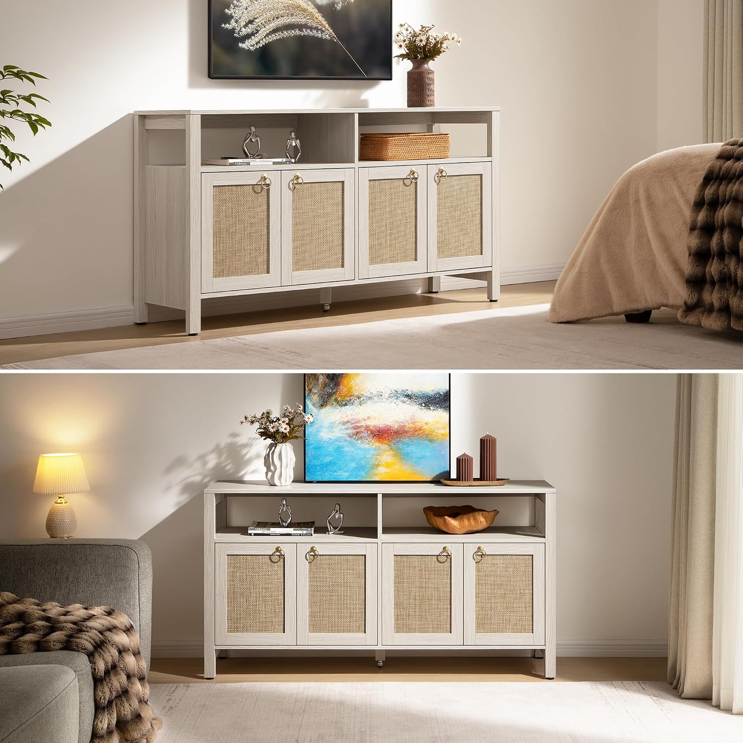 SICOTAS Rattan TV Stand for Television up to 120' - Large Entertainment Center with Storage and Open Shelves, Boho Media TV Console Cabinet with Doors and Adjustable Shelf for Living Room
