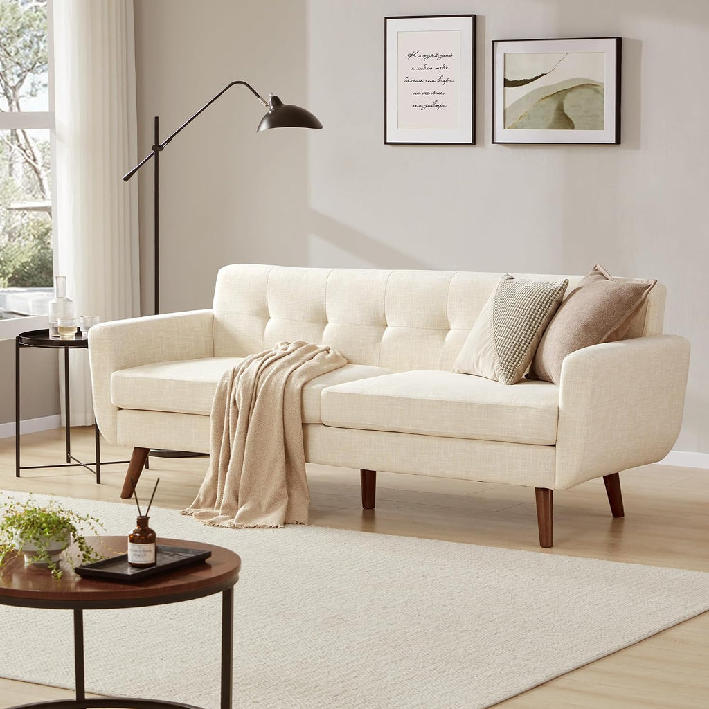 Tbfit 77.2' W Linen Sofa Couch, Mid Century Modern Decor Loveseat Couches for Living Room, Button Tufted Upholstered Small Couch for Bedroom, Solid, and Easy to Install Love Seats Furniture, Beige