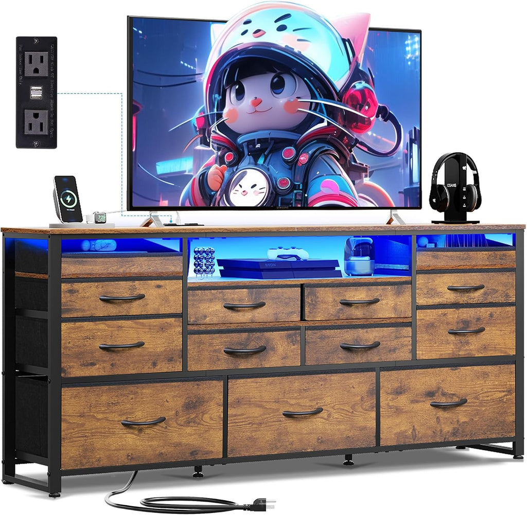 WLIVE Long Dresser for Bedroom, TV Stand for 55, 60, 65 Inch TV, 13 Drawer Wide Fabric Dresser with Wood Top, Large Chest of Drawers for Living Room, Hallway, Closet, Rustic Brown Wood Grain Print