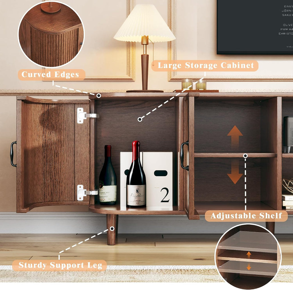 HUAHUU TV Stand for 75 inch TV, Mid Century Modern Entertainment Center for 55/60/65/75 inch TV, with Fluted Door Cabinets & Open Shelves, TV Consoles, Walnut