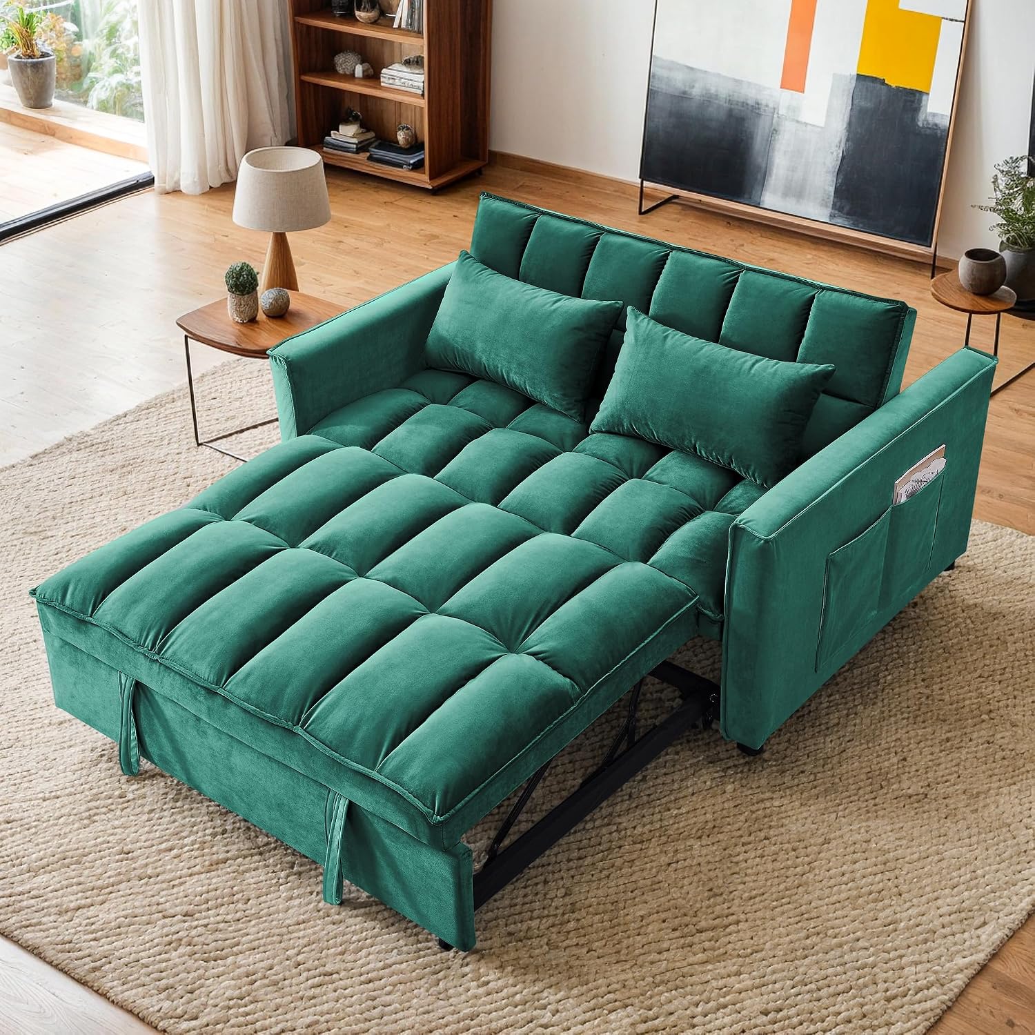 3 in 1 Convertible Sleeper Sofa Bed,Futon Pull Out Couch with Adjustable Backrest,Velvet Fabric Loveseat Sofa with Side Pocket for Bedroom, Living Room