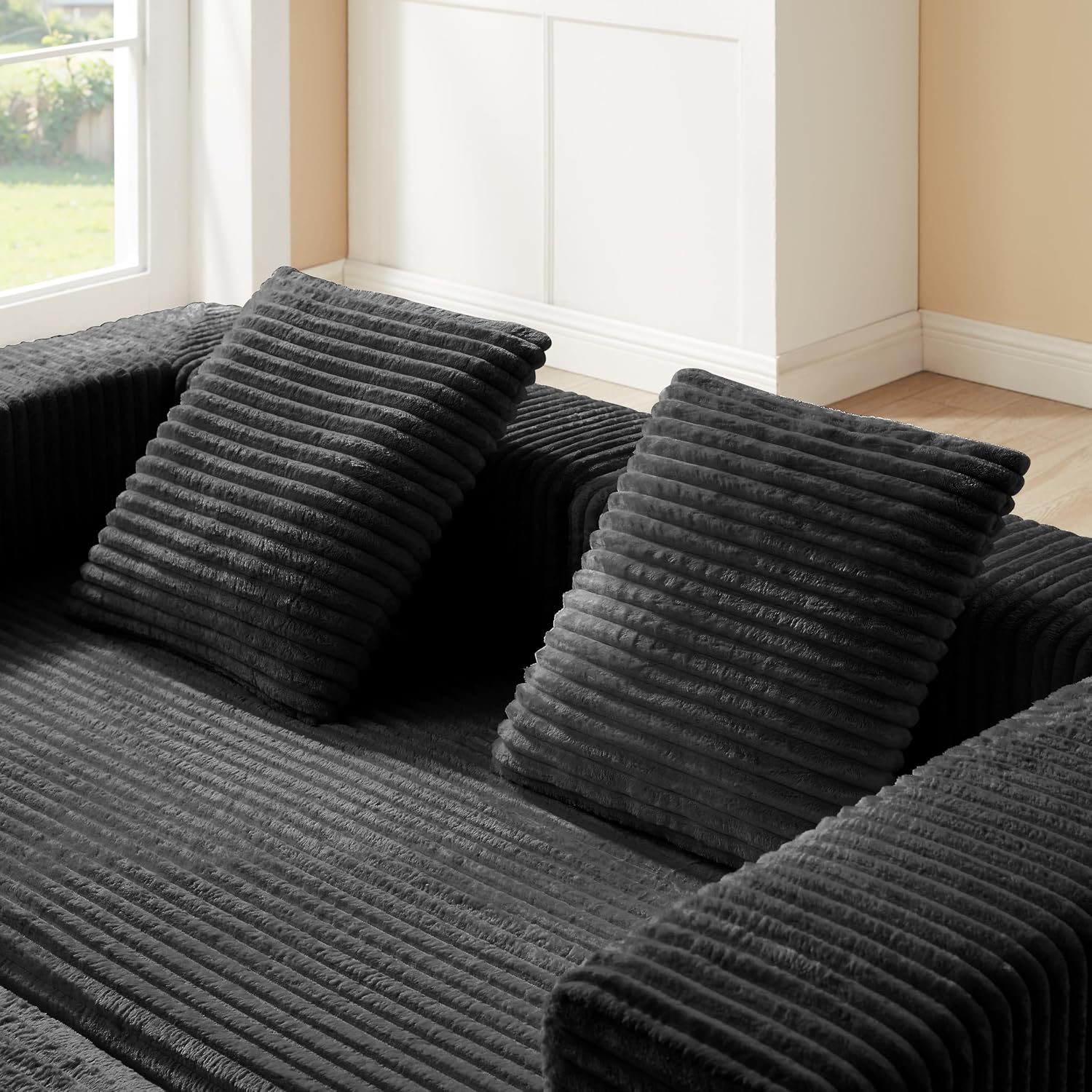 81'' Futon Sofa Bed, Folding Floor Couch Bed, Corduroy Fabric Boneless Couch, Compressed Boneless Sofa in a Box, Comfy Sleeper for Living Room-Black