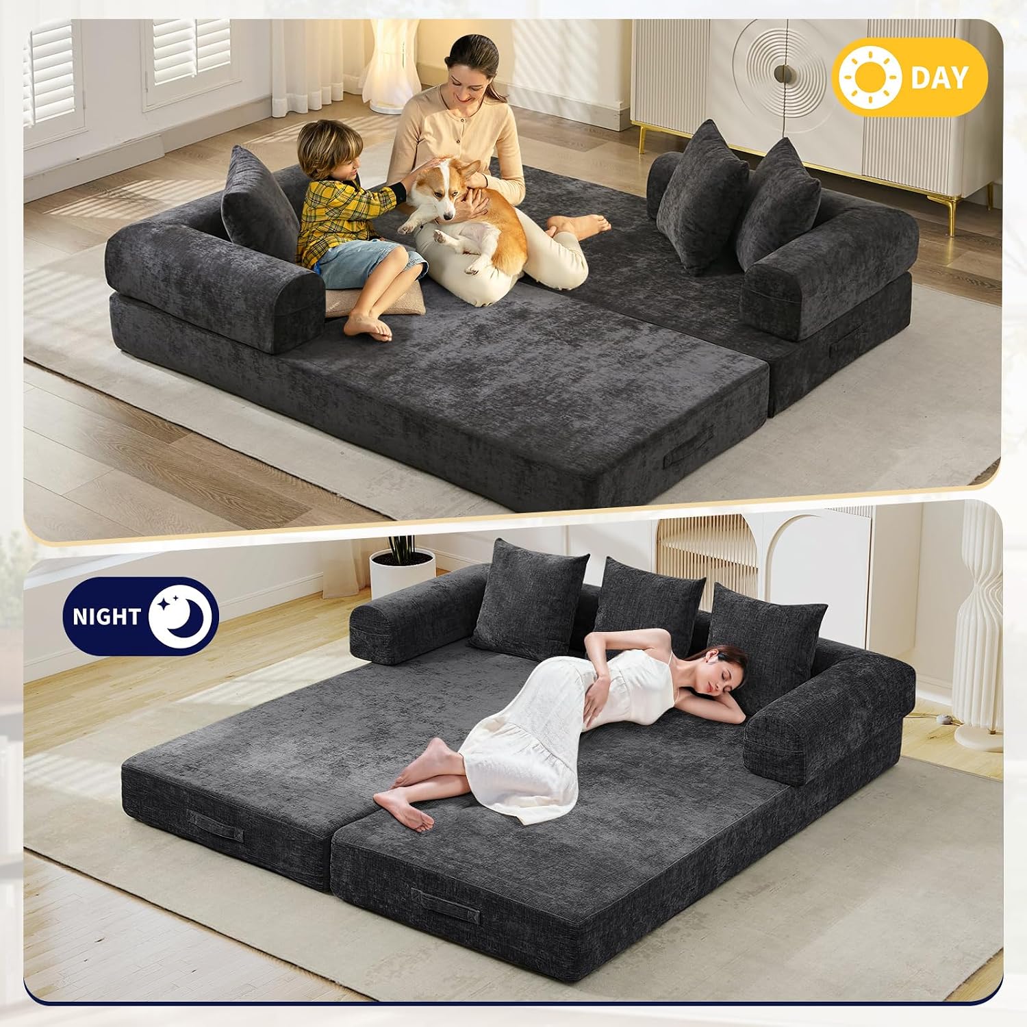 Deolme 3 in 1 Convertible Futon Sofa Bed, Modern King Size Chenille Loveseat Sleeper Sofa Folding, 3-Seater Foldable Lounger Couch Bed for Living Room, Bedroom Guest Room (Black, 3 Throw Pillows)