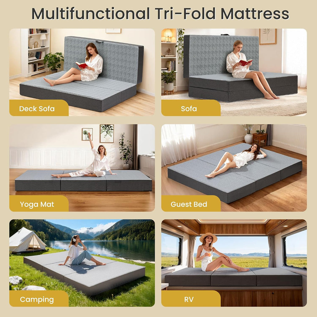 Tri Folding Mattress Full Size - 6 Inch Dual-Layer Memory Foam Foldable Mattress Portable Futon Sofa Bed with Removable Washable Cover, Handle & Non-Slip Bottom for Guest, Camping, RV, Yoga, Home Use