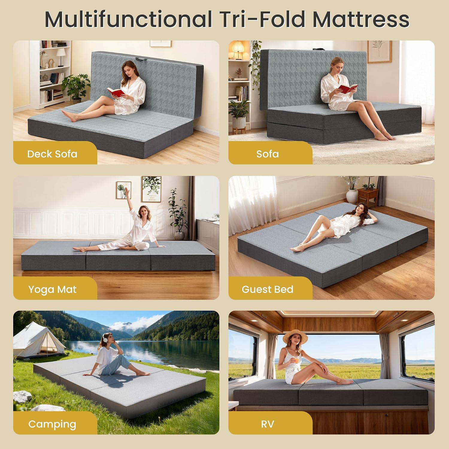 Tri Folding Mattress Full Size - 6 Inch Dual-Layer Memory Foam Foldable Mattress Portable Futon Sofa Bed with Removable Washable Cover, Handle & Non-Slip Bottom for Guest, Camping, RV, Yoga, Home Use