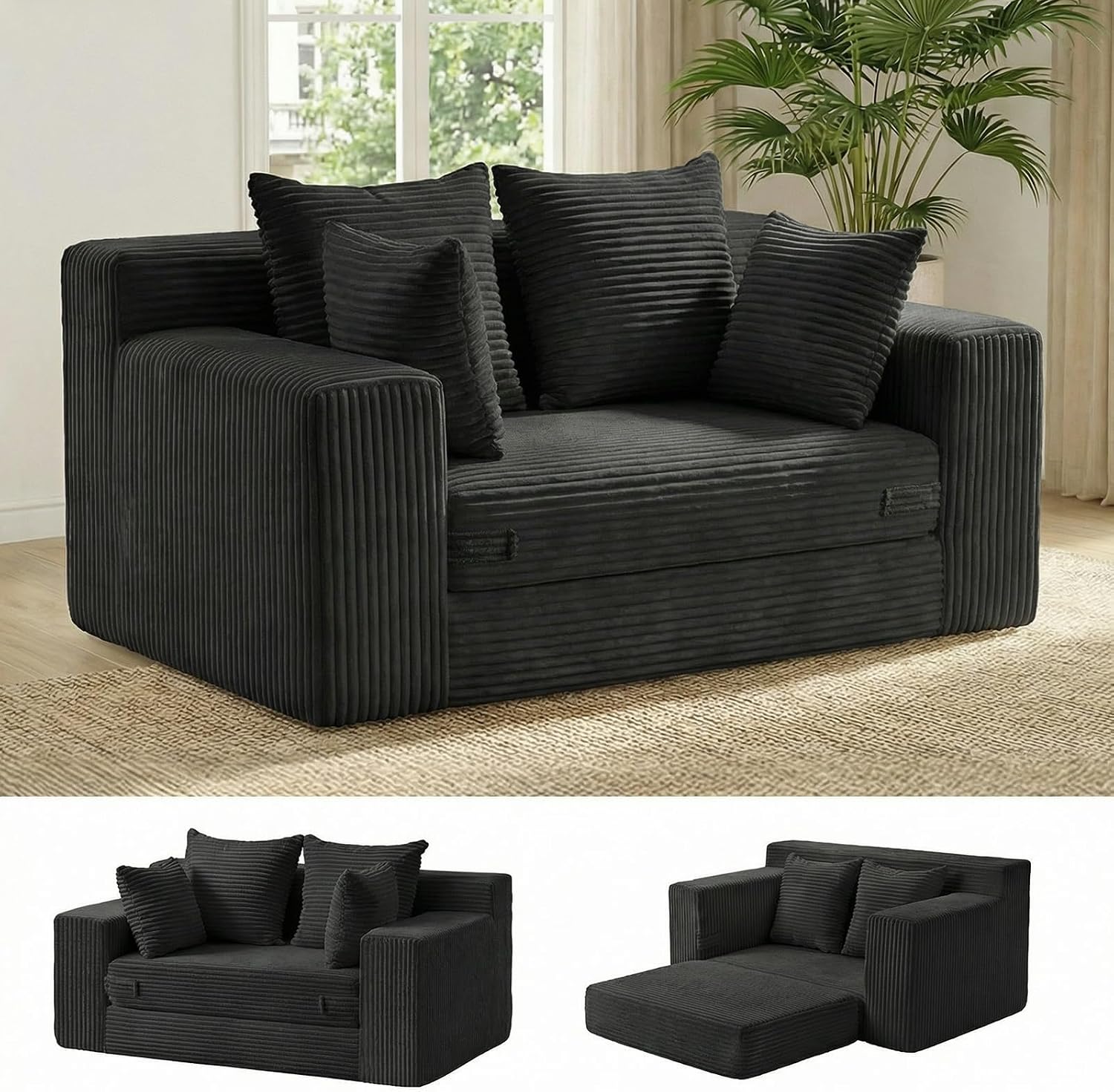 cidludto Boneless Couch Loveseat Sleeper, Convertible Sofa Bed Folding Couch Bed Foldable, 2 in 1 Boneless Chair Bed & Futon Sofa Bed, Small Pull Out Sofa with 4 Pillows for Living Room, Black | No Assembly, Convertible, 2 in 1, Pull Out Handle, 4 Pillows