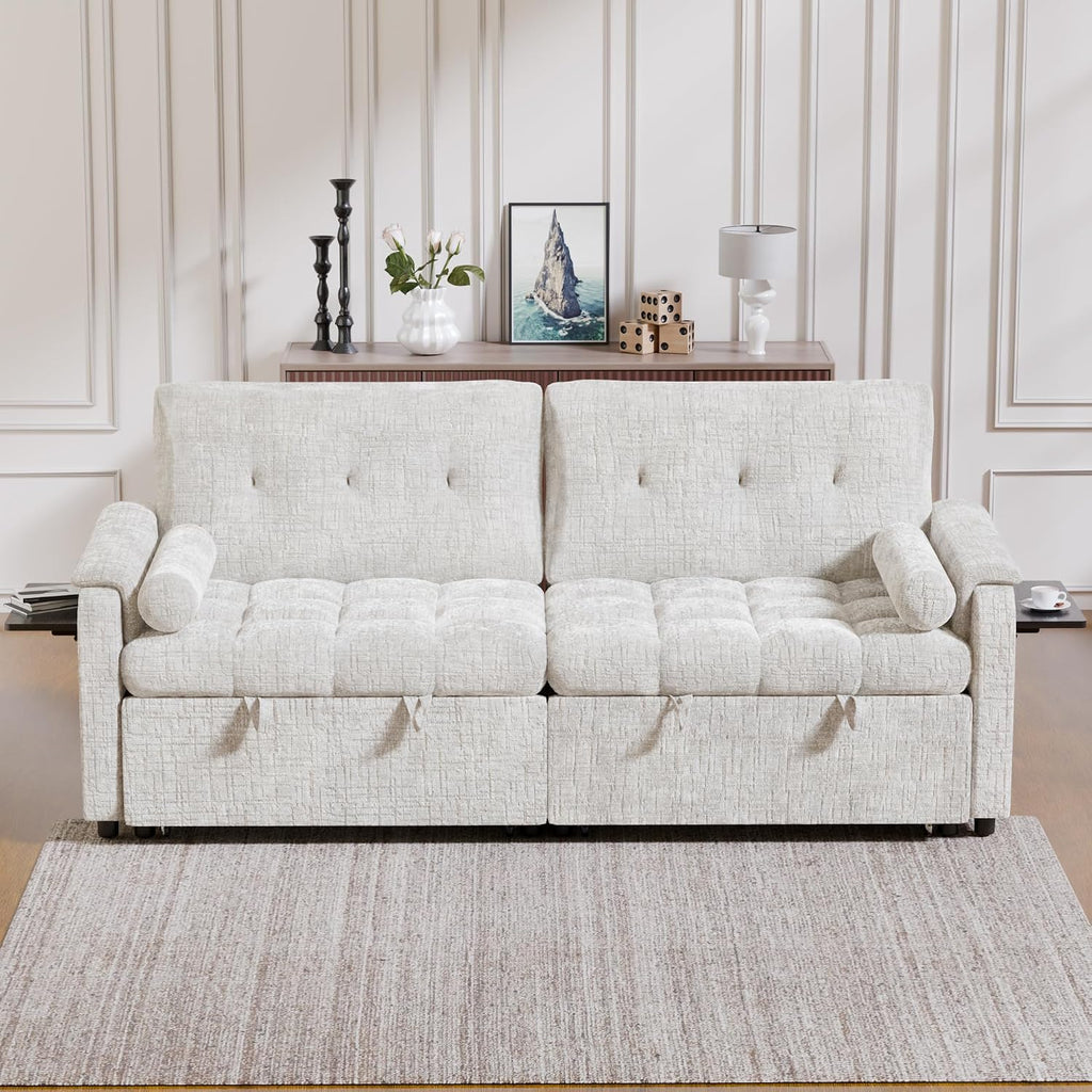 Convertible Sleeper Sofa Bed, 86 Inch Chenille Pull Out Couch with Side Table & Adjustable Backrest, Sectional Sleeper Sofa with Pull Out Bed for Living Room, Apartment, Beige