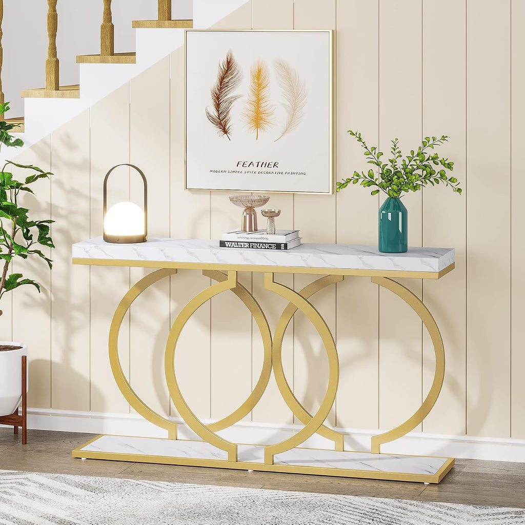 Tribesigns Gold Console Table, 55 inch Modern Entryway Table with Geometric Metal Frame, Faux Marble Narrow Long Sofa Table for Living Room, Entrance, Hallway, White and Gold