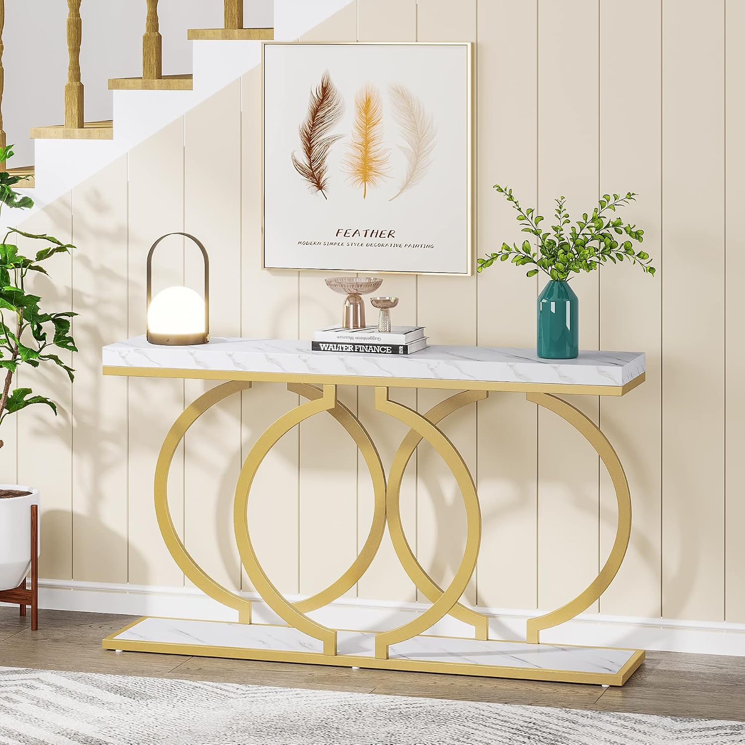 Tribesigns Gold Console Table, 55 inch Modern Entryway Table with Geometric Metal Frame, Faux Marble Narrow Long Sofa Table for Living Room, Entrance, Hallway, White and Gold