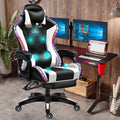 Massage Gaming Chair with Footrest and LED Lights, Video Game Chair with Speakers, Adjustable Height and Armrest, PU Leather, Ergonomic Office Computer Chair for Adults and Teens,White