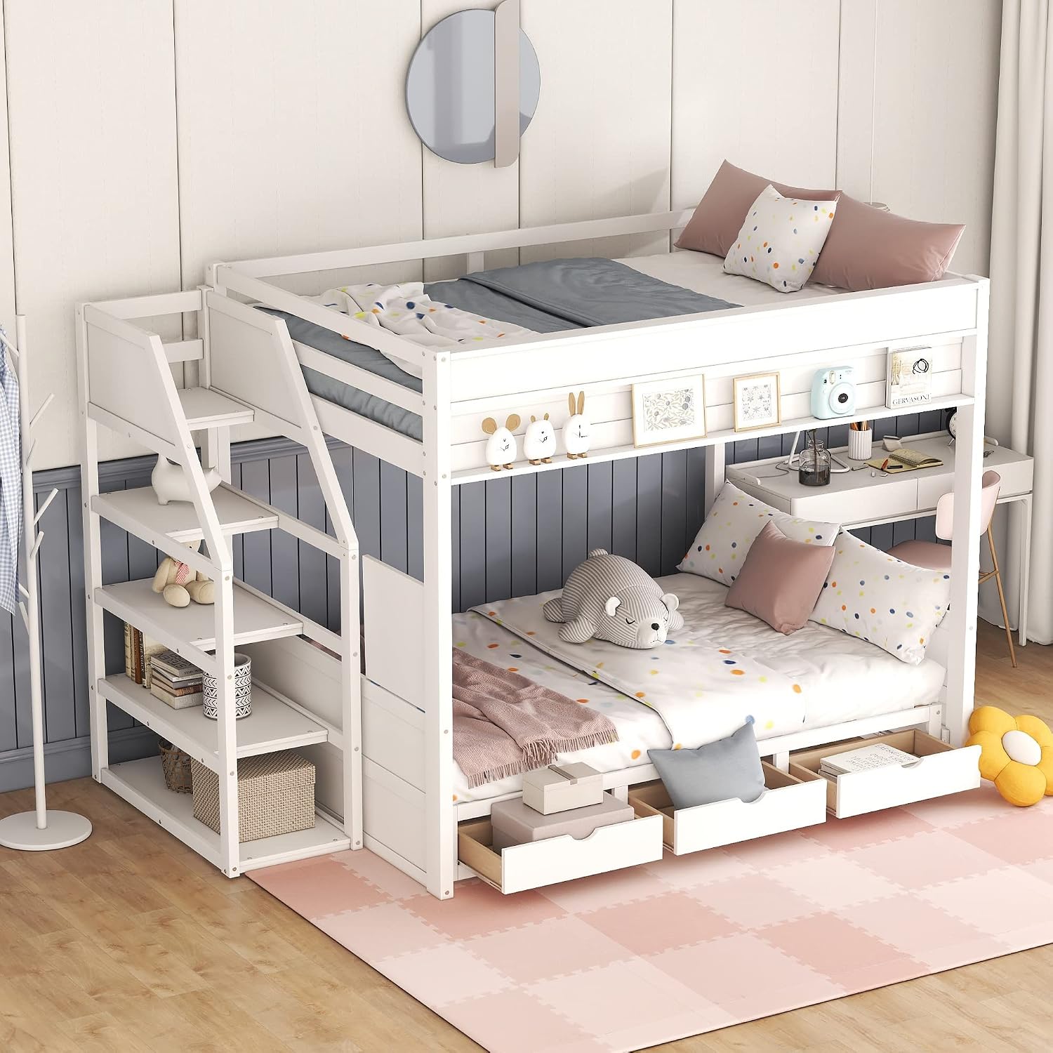 Futon Bunk Beds with Stairs,Full Over Full/Futon Bunk Beds with 3 Storage Drawers & Small Table,Bottom Bed Can Be Converted Into Daybed,Wood Full Loft Bed Frame for Kids Teens,White