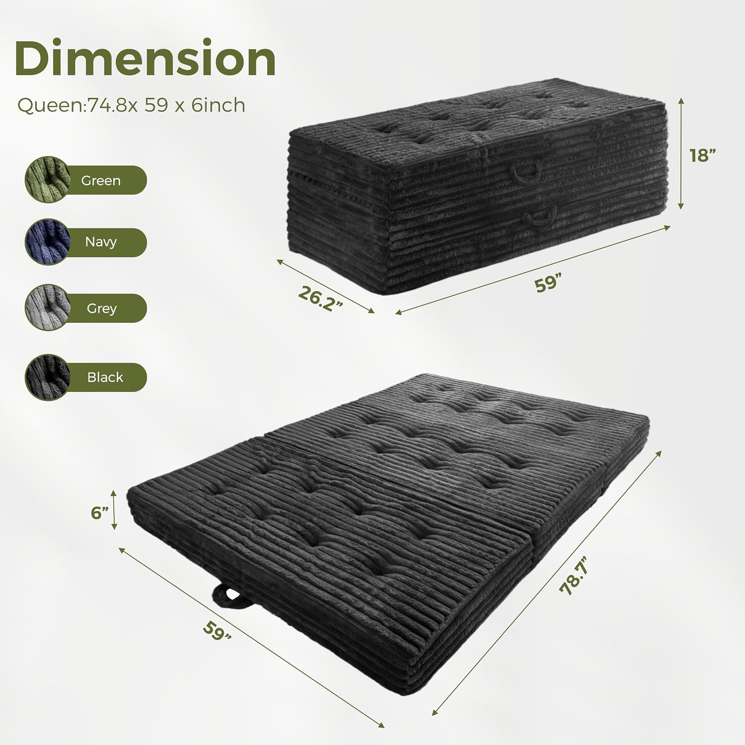 MAXYOYO Folding Sofa Couch Bed, 6 Inch Tri-Fold Floor Sofa Bed, Folding Mattress with Handles, Soft Faux Fur Folding Bed with Supportive Foam Filling, Portable Couch for Living Room, Queen, Black