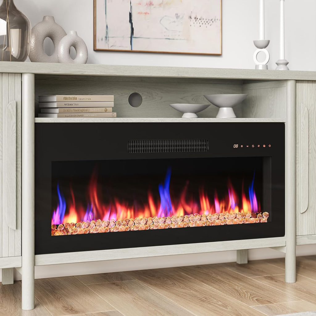 BELLEZE 66' TV Stand with 36' Electric Fireplace Heater, Wood Console Table for TVs up to 75', Entertainment Center with Storage Cabinets for Living Room, Bedroom - Portman (White Sand)