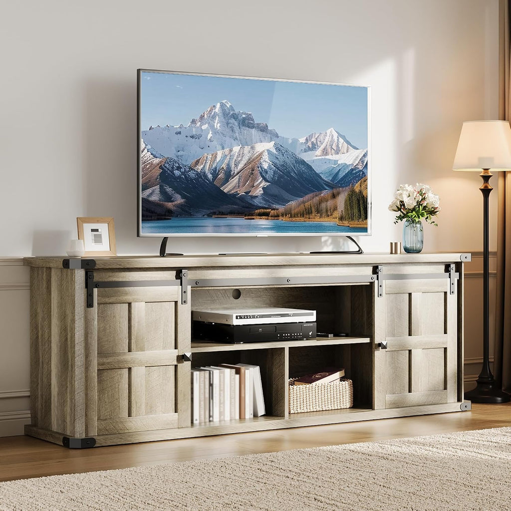 Garvee 70 in TV Stand for 75 in TVs, Farmhouse Entertainment Center and Media Furniture with Sliding Barn Doors & Storage Cabinets, Mid Century Modern TV Console Table for Living Room Bedroom