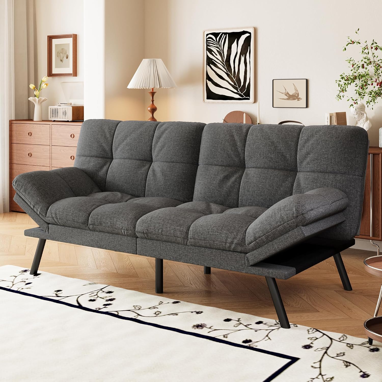 Convertible Futon Sofa Bed,71' Memory Foam Futon Couch,Detachable Cushion,Adjustable Backrest & Armrest,Linen Modern Loveseat Sleeper Recliner for Living Room,Office,Apartment,Mist Grey