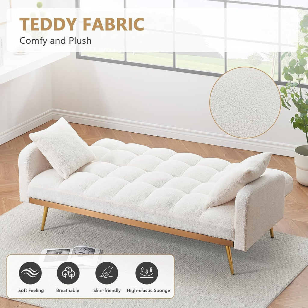 Teddy Futon Sofa Bed,69' Modern Small Love Seat Couch for Small Spaces,Convertible Tufted Sleeper Sofa Loveseat Couch Bed with Gold Metal Legs for Living Room,Bedroom (Teddy Beige)