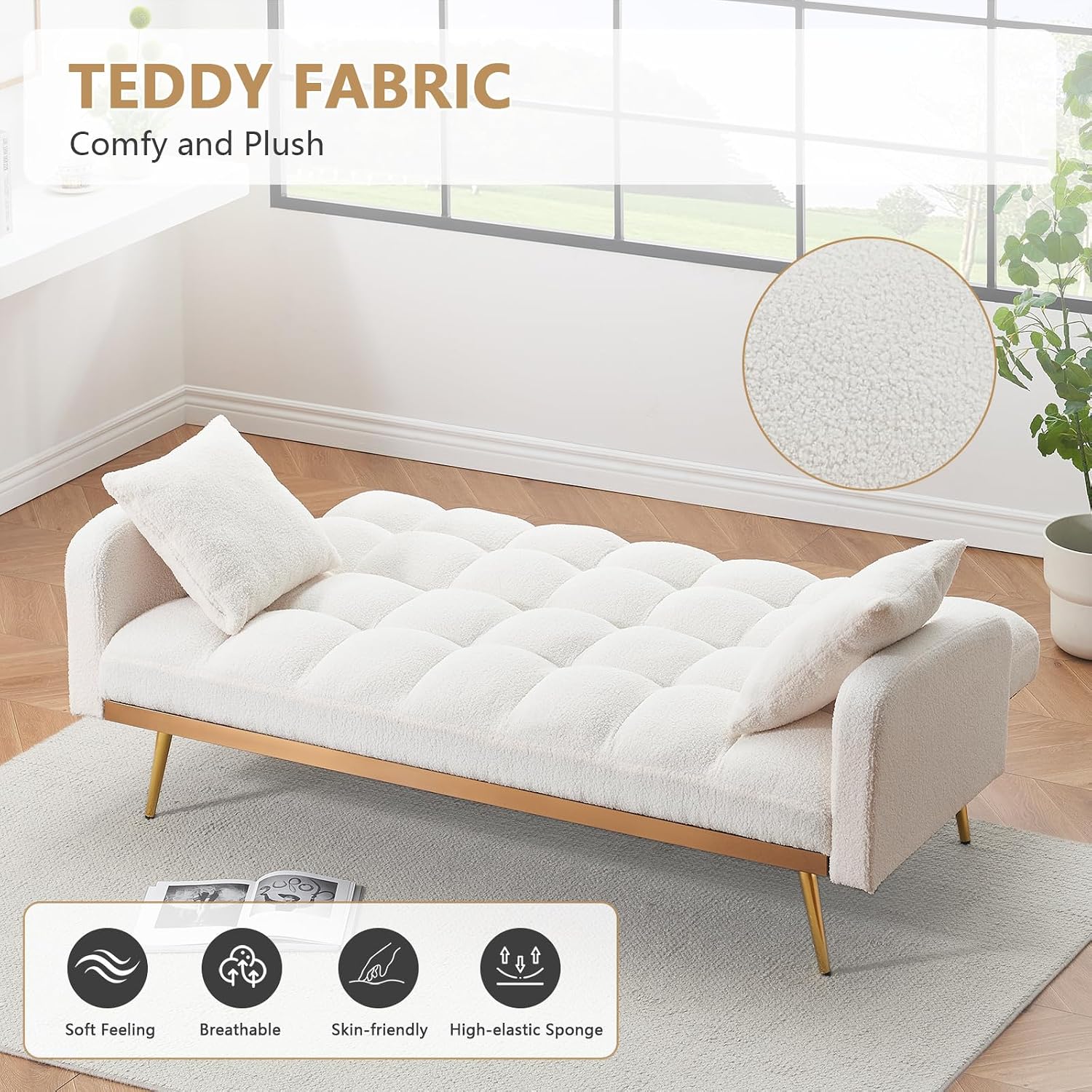 Teddy Futon Sofa Bed,69' Modern Small Love Seat Couch for Small Spaces,Convertible Tufted Sleeper Sofa Loveseat Couch Bed with Gold Metal Legs for Living Room,Bedroom (Teddy Beige)