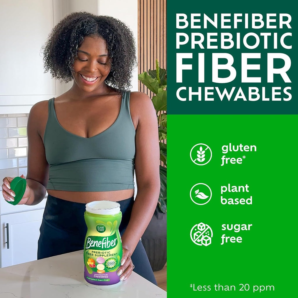 Benefiber Chewable Prebiotic GLP-1 Friendly Fiber Supplement Tablets for Digestive Health, Assorted Fruit Flavors - 100 Count (Pack of 12)