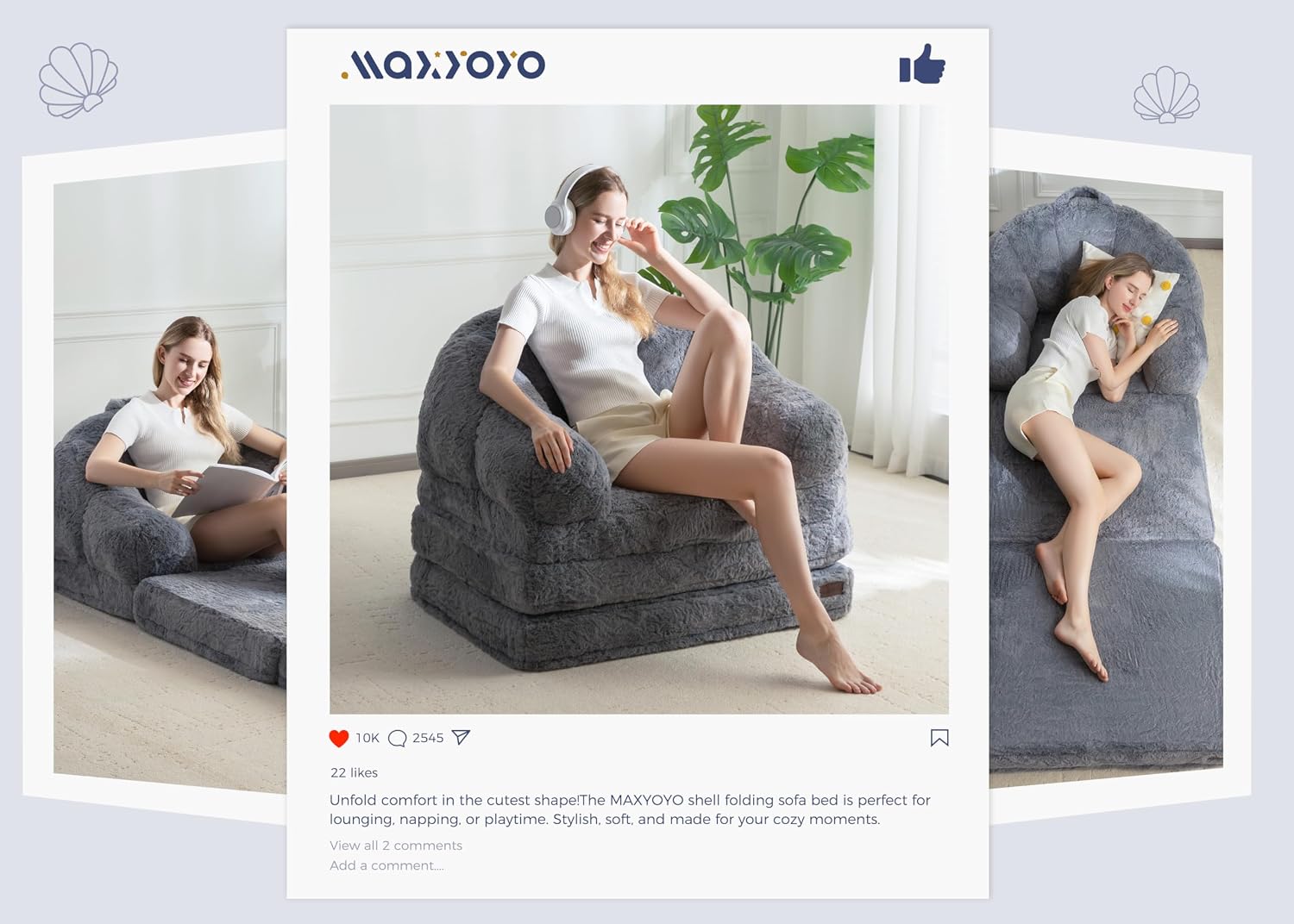 MAXYOYO Folding Sofa Bed, 2 in 1 Convertible Sofa to Lounger Comfy Single Bean Bag Chair for Adults, Floor Sleeper Couch with Handle, Faux Fur Couch Bed for Living Room Bedroom, Grey