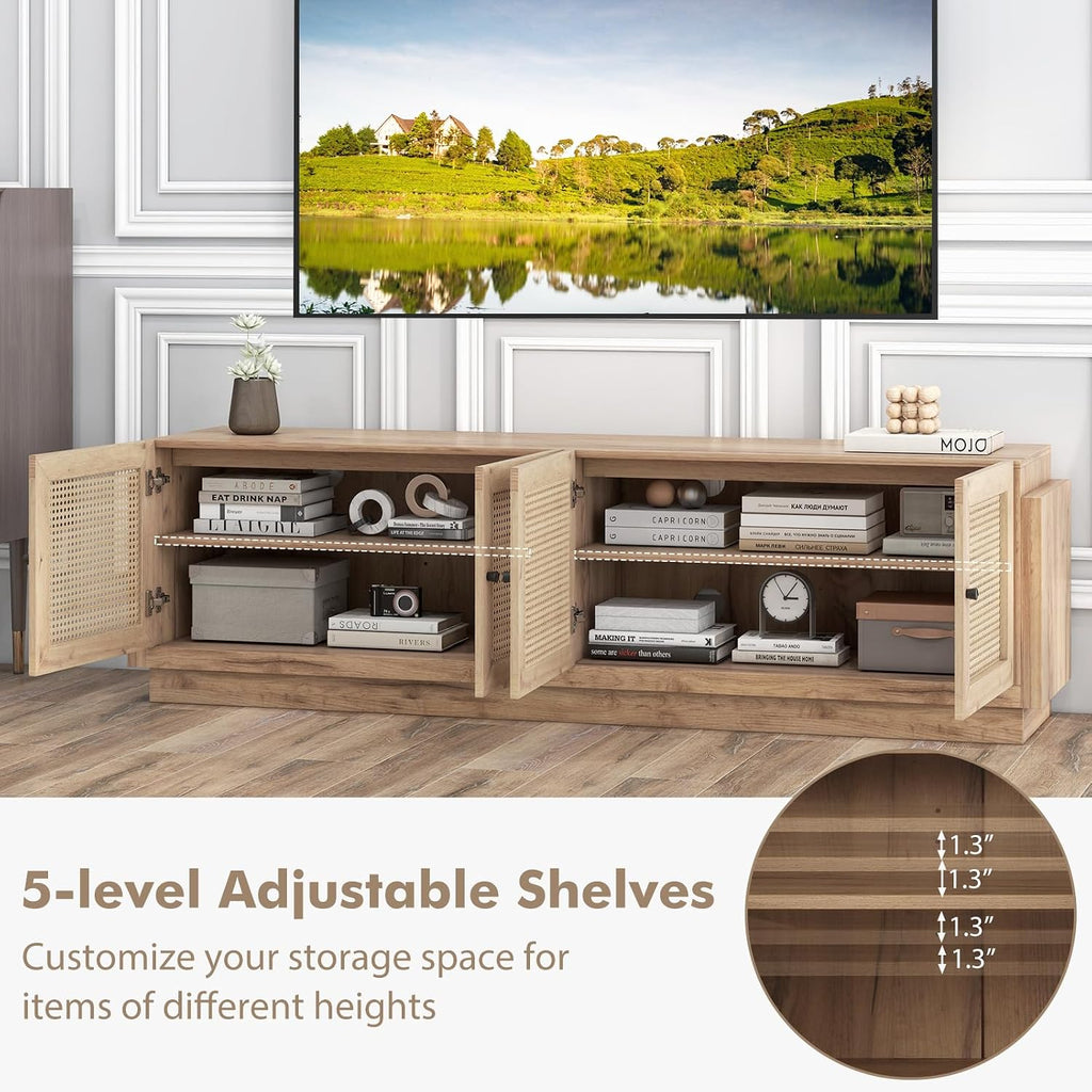 Tangkula Farmhouse TV Stand for TVs Up to 75-Inch, PE Rattan Entertainment Center with Storage and Adjustable Shelves, Mid Century Modern TV Console with 2 Cabinets and 8 Cable Holes for Living Room