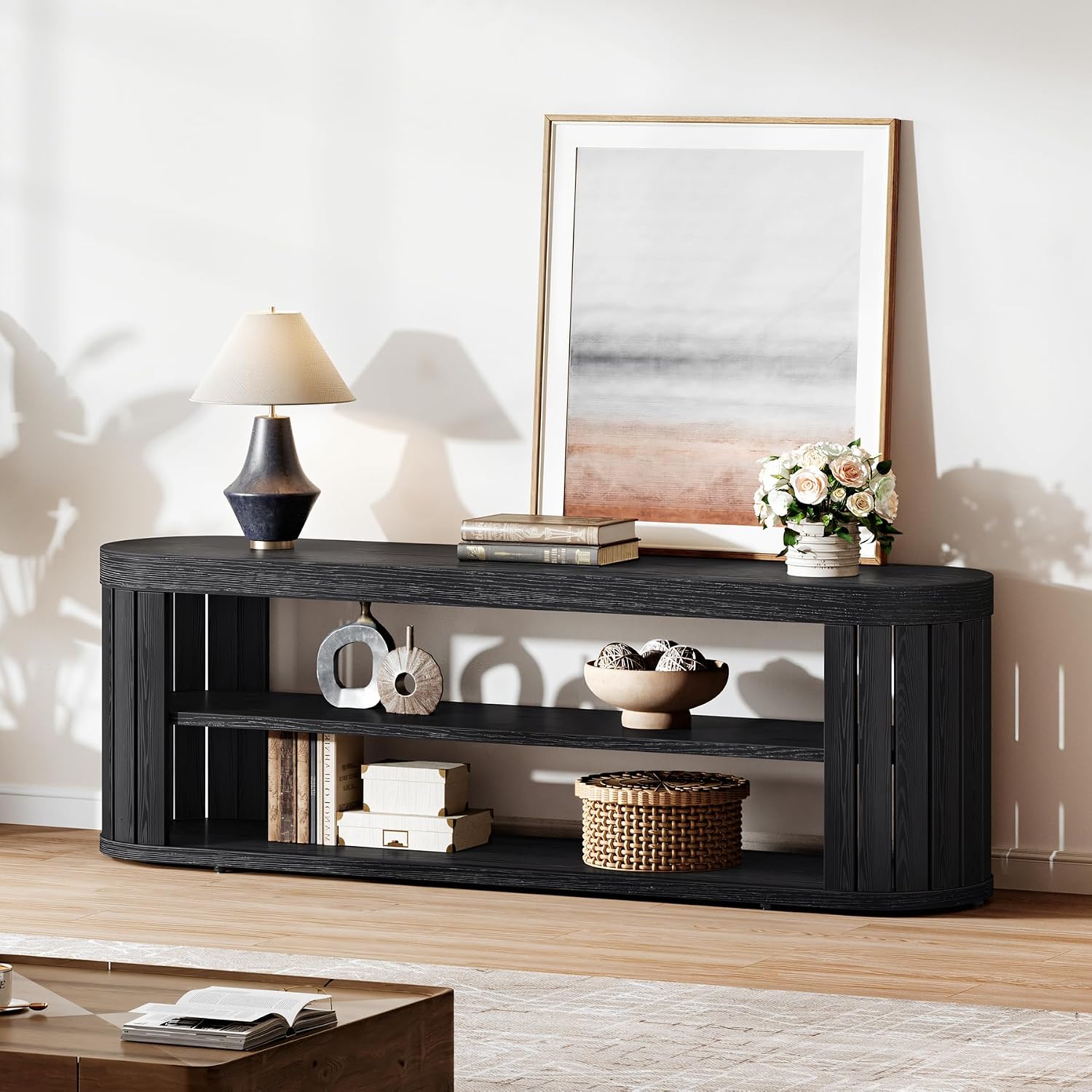 Tribesigns TV Stand for TVs up to 55 Inches, 47.2-Inch Entertainment Center with 2-Tier Open Storage & Adjustable Foot Pads, Oval Media TV Console Table for Living Room, Bedroom, Black