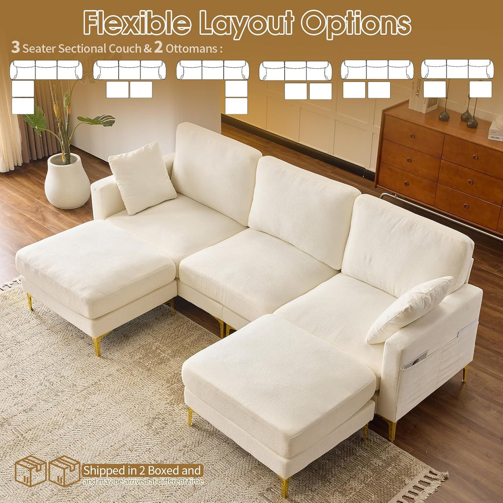 VINGLI 100' W U Shaped Couch with Ottoman, 22' Deep Seat Comfortable Sectional Couches for Living Room, 3 Seater Chenille Fabric Cloud Sofa for Apartment, Small Spaces, Bedroom, Beige