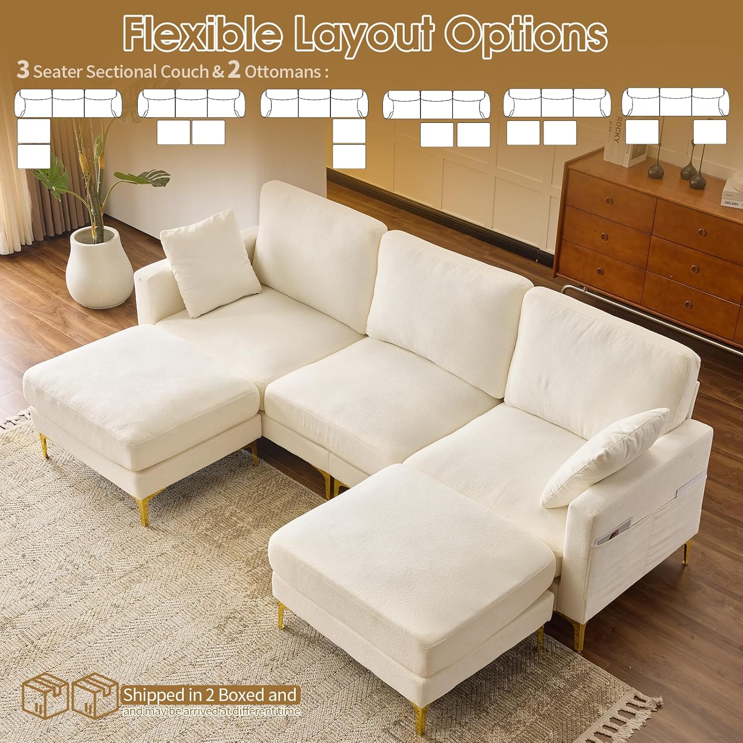 VINGLI 100' W U Shaped Couch with Ottoman, 22' Deep Seat Comfortable Sectional Couches for Living Room, 3 Seater Chenille Fabric Cloud Sofa for Apartment, Small Spaces, Bedroom, Beige