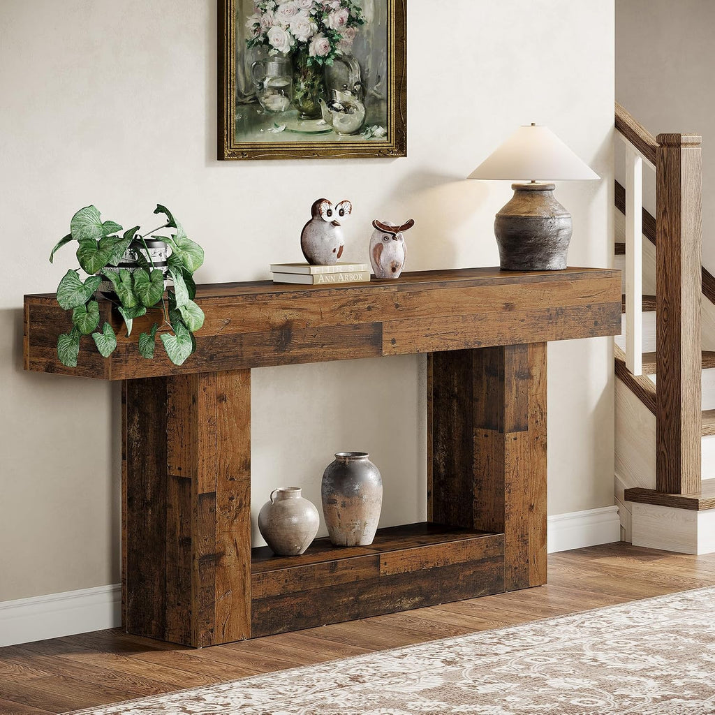 Tribesigns 63' Console Table, Farmhouse 2-Tier Entryway Table with U-Shaped Base, Narrow Long Wood Sofa Table Behind Couch Table for Living Room, Hallway, Foyer, Mix Brown
