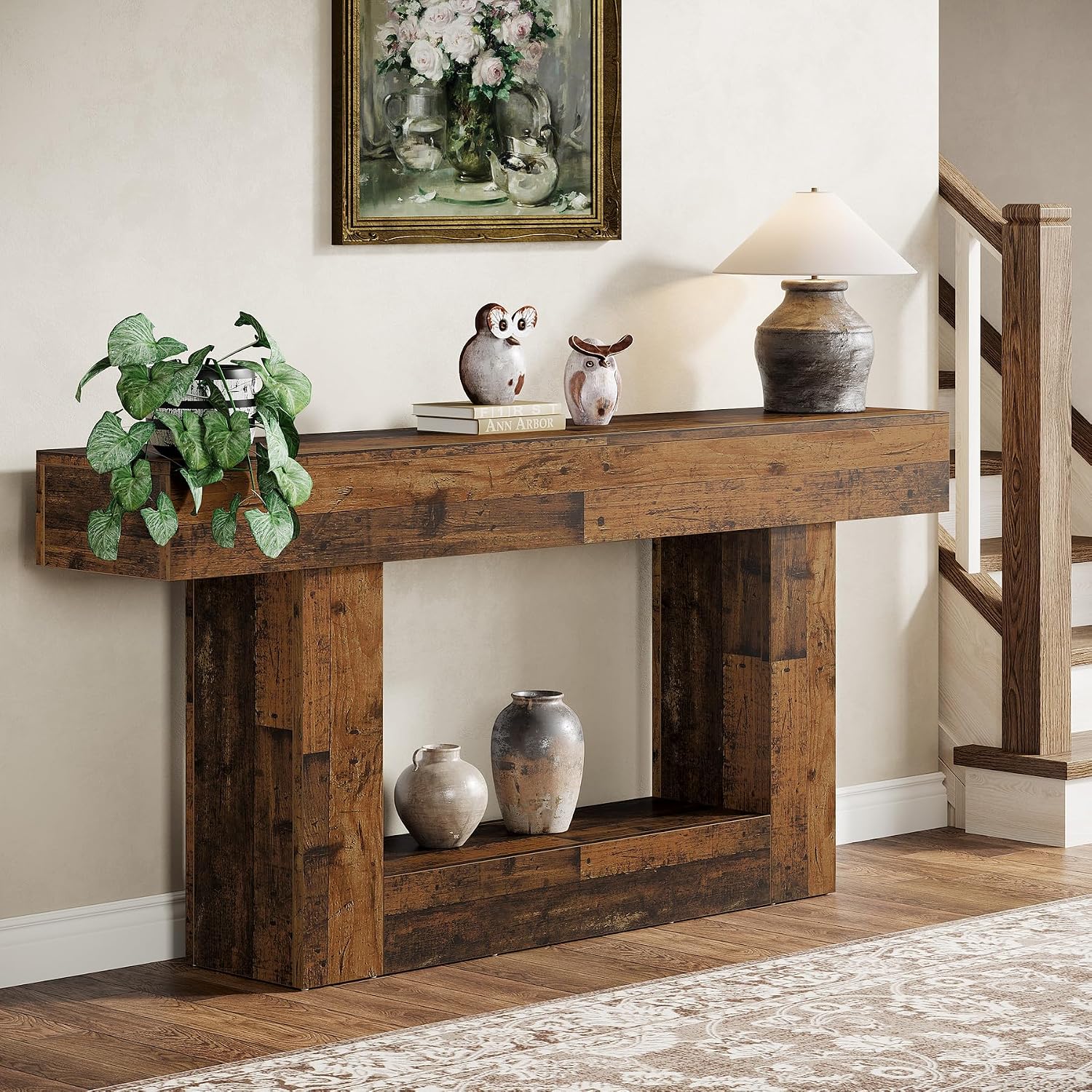 Tribesigns 63' Console Table, Farmhouse 2-Tier Entryway Table with U-Shaped Base, Narrow Long Wood Sofa Table Behind Couch Table for Living Room, Hallway, Foyer, Mix Brown