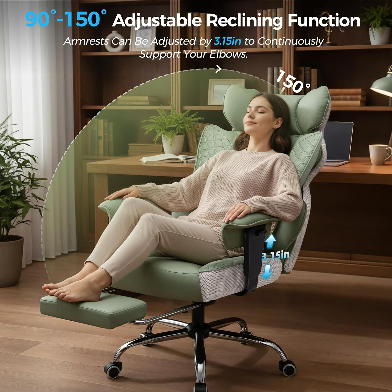 GTPOFFICE Big and Tall Office Chair 400LBS Wide Seat Computer Gaming Chair with Footrest & Comfy Lumbar Support, Leather High Back Executive Chair with Ergonomic Pressure Relief Seat Cushion, Green