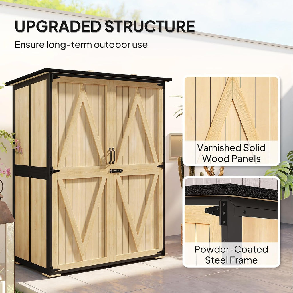 Outsunny Outdoor Storage Cabinet, Wood Garden Tool Shed with Steel Frame and Asphalt Roof, Garden Storage Shed with 2 Shelves, Lockable Doors and Adjustable Feet for Patio Backyard Lawn, Natural