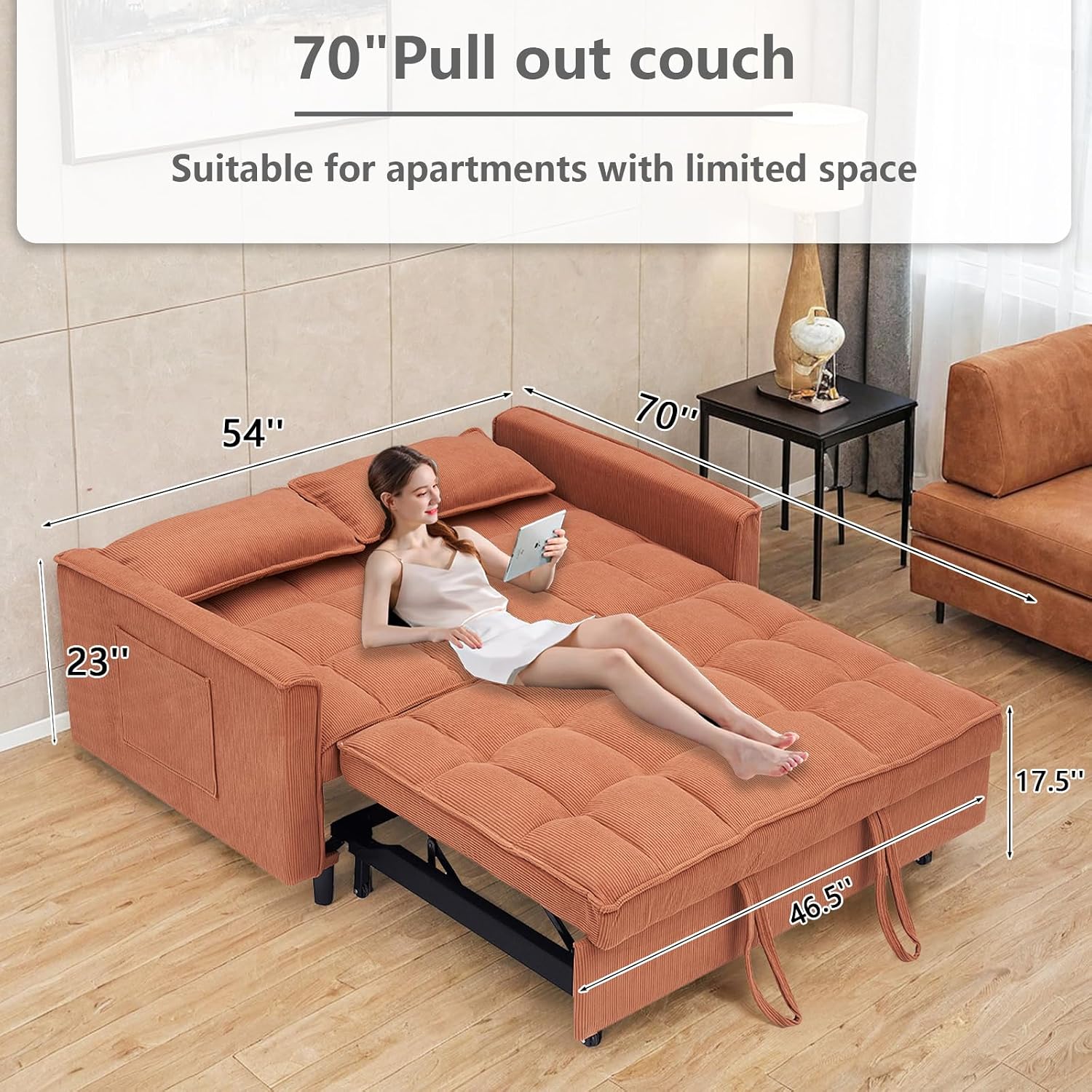 3 in 1 Convertible Sleeper Sofa Bed,Futon Pull Out Couch with Adjustable Backrest,Velvet Fabric Loveseat Sofa with Side Pocket for Bedroom, Living Room (Orange)