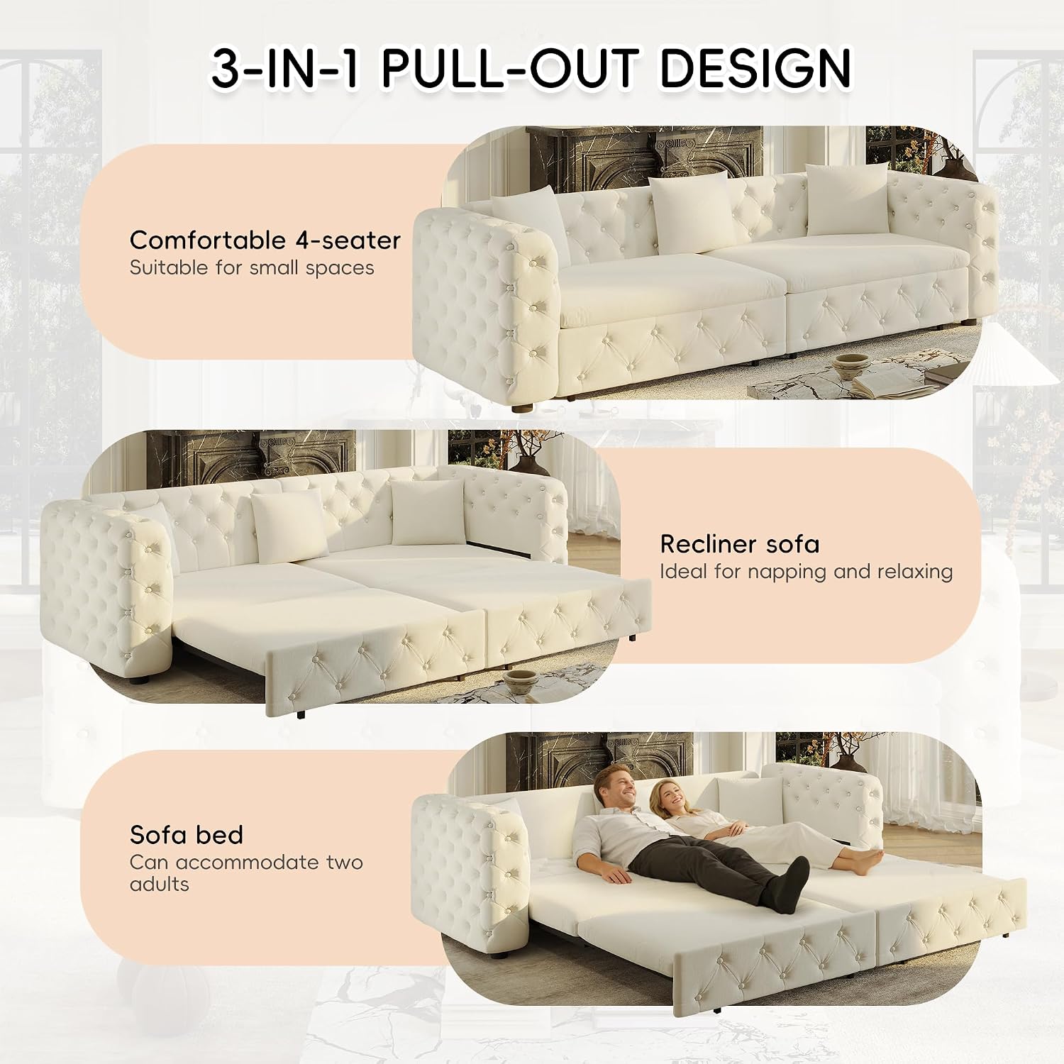 89' Pull Out Sofa Bed King Size, Velvet Chesterfield Sleeper Sofa Couch, 3 in 1 Convertible Recliner, Modern Tufted Deep Seat Couches for Living Room, Small Space, Apartment, Cream Beige