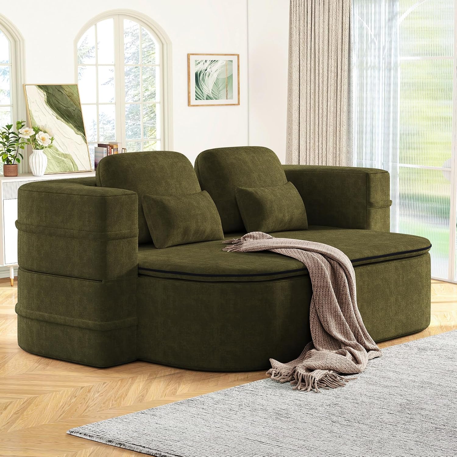Antetek Convertible Sleeper Sofa, Modern Folding Futon Chenille Floor Foam Compression Loveseat Sofa Bed Couch, Foldable Full Size Guest Bed with 4 Pillows for Living Room Bedroom Apartment, Green