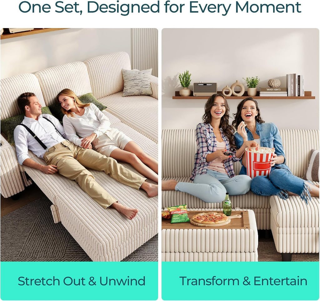LINSY HOME Sectional Sleeper Sofa with Pull Out Couch Bed for Living Room (Beige) | Plush Corduroy, Storage Ottoman, Storage Chaise, Pull Out Couch, USB Charging
