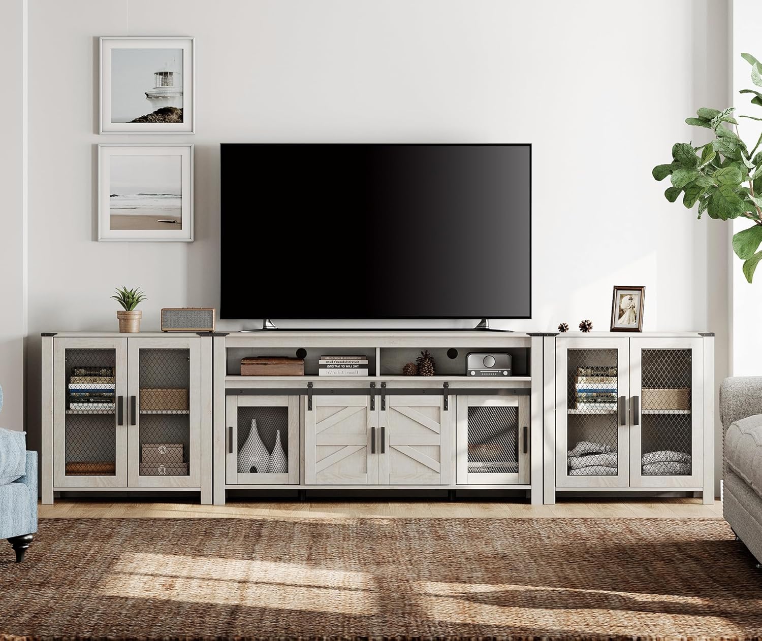 WAMPAT TV Stand Set for 100 inch TV,Door Storage Cabinet with Mesh for Living Room,Farmhouse Storage Units with Open and Adjustable Shelf,Antique White