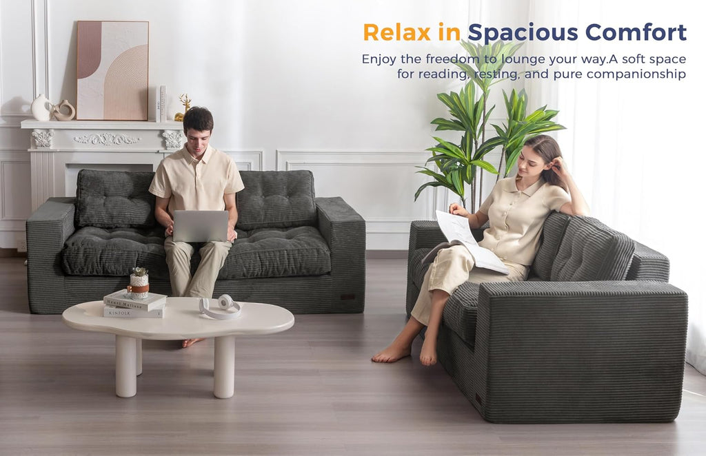 MAXYOYO 3 Seater Couch for Living Room, Boneless Couch with Tufted Cushion & Backrest, Upholstered Floor Sofa, Sofa in A Box, Dark Grey