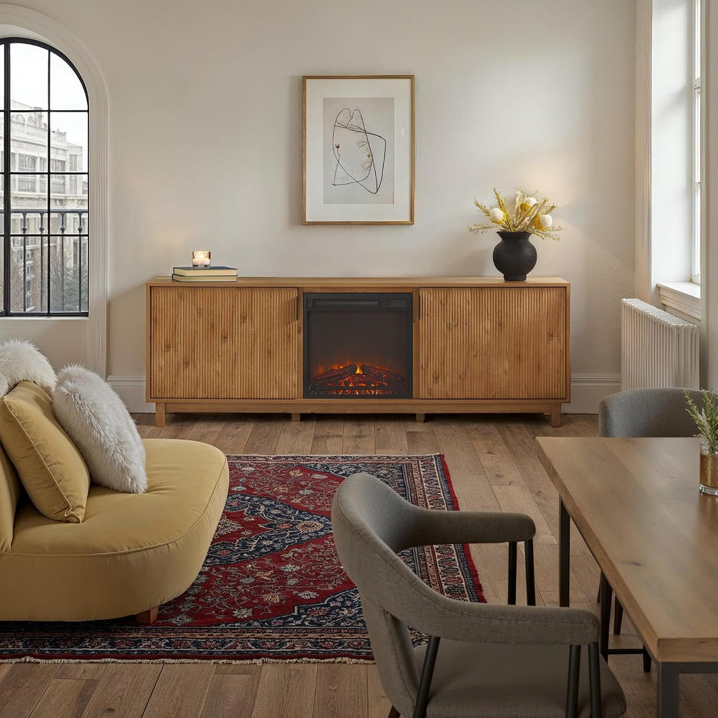 Walker Edison Arundo Reeded TV Stand with Fireplace & Storage, 70' Fireplace, English Oak