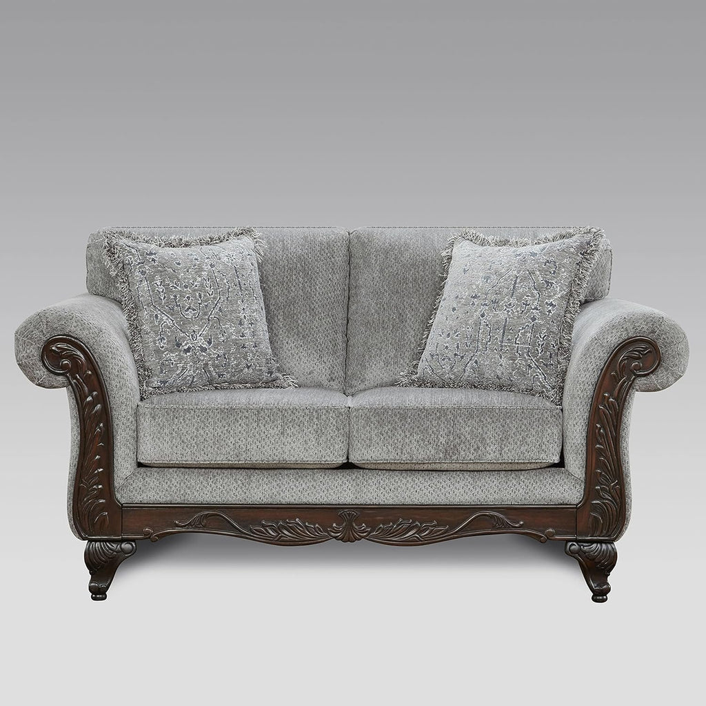 Hernen 2-Piece Living Room Set, Carved Wood Frame Sofa and Loveseat, Gray