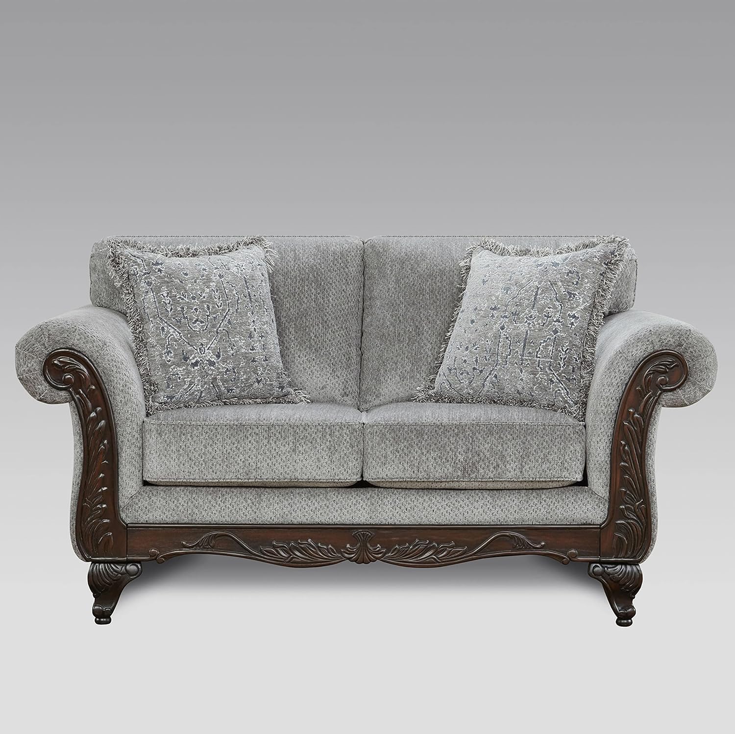 Hernen 2-Piece Living Room Set, Carved Wood Frame Sofa and Loveseat, Gray