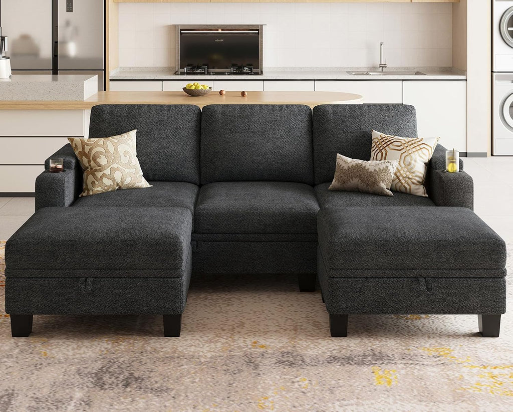 Belffin Small Corner Modular Sectional Couches for Living Room U Shaped Couch with Cup Holder Dark Grey Couch