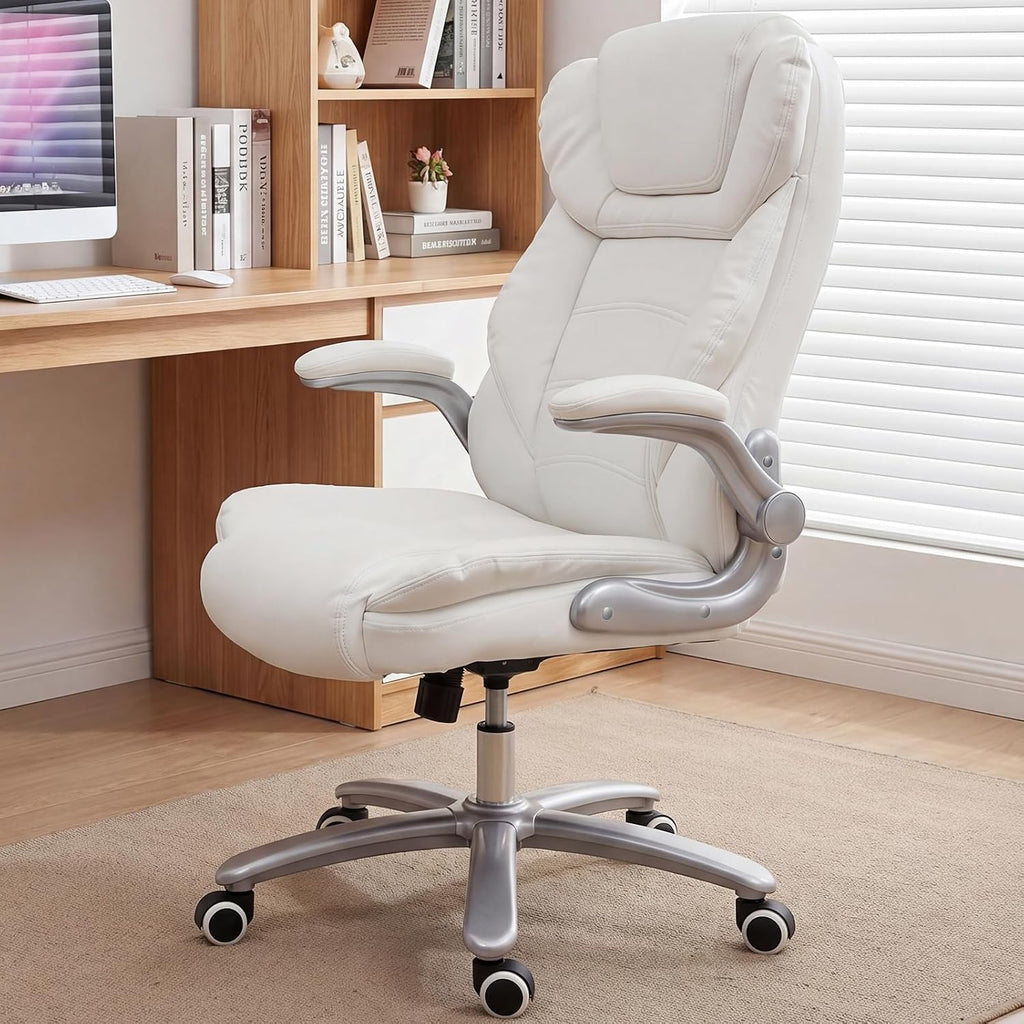 GYI Big and Tall Office Chair 400lb Wide Seat, Ergonomic High Back Leather Executive Desk Chair with Flip-up Arms, White