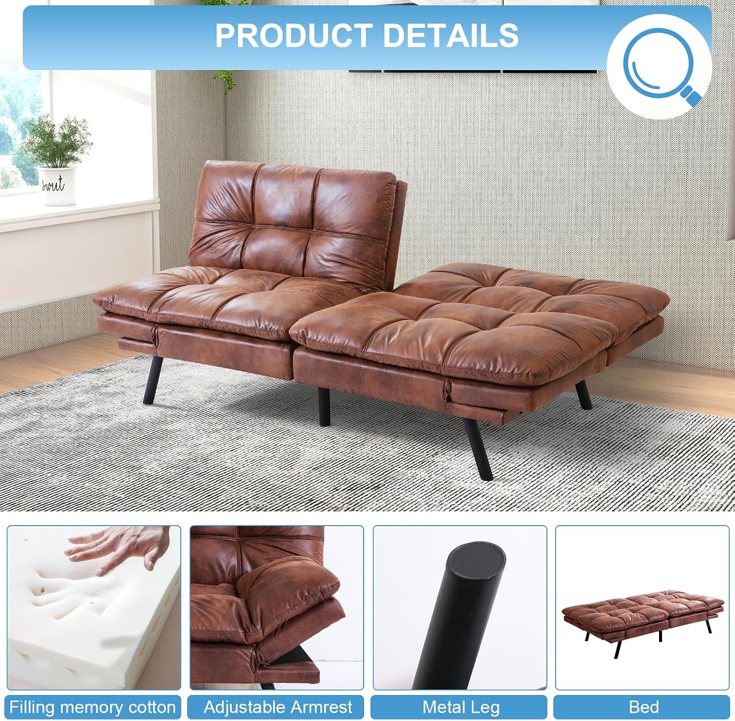 MUUEGM Futon Sofa Bed Couch Sofa, Memory Foam Futon Sleeper Sofa Loveseat Convertible Couch Bed for Small Compact Spaces, Apartment, Brown