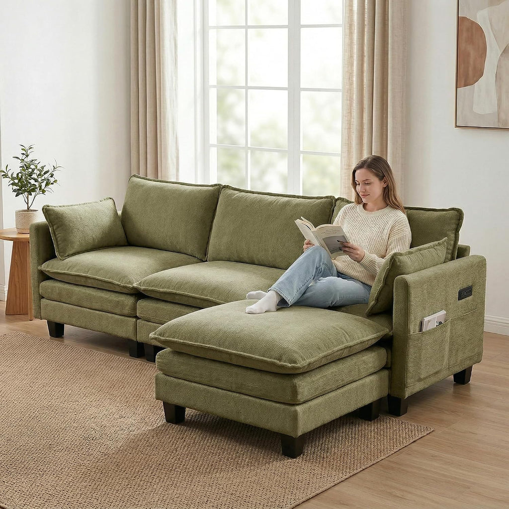 Eafurn Modular Sectional Sofa with Movable Ottomans for Living Room, 4 Seater Convertible U Shaped Sectional Couch Modern Reversible Chenille Sofa Set w/USB Ports and Side Pockets