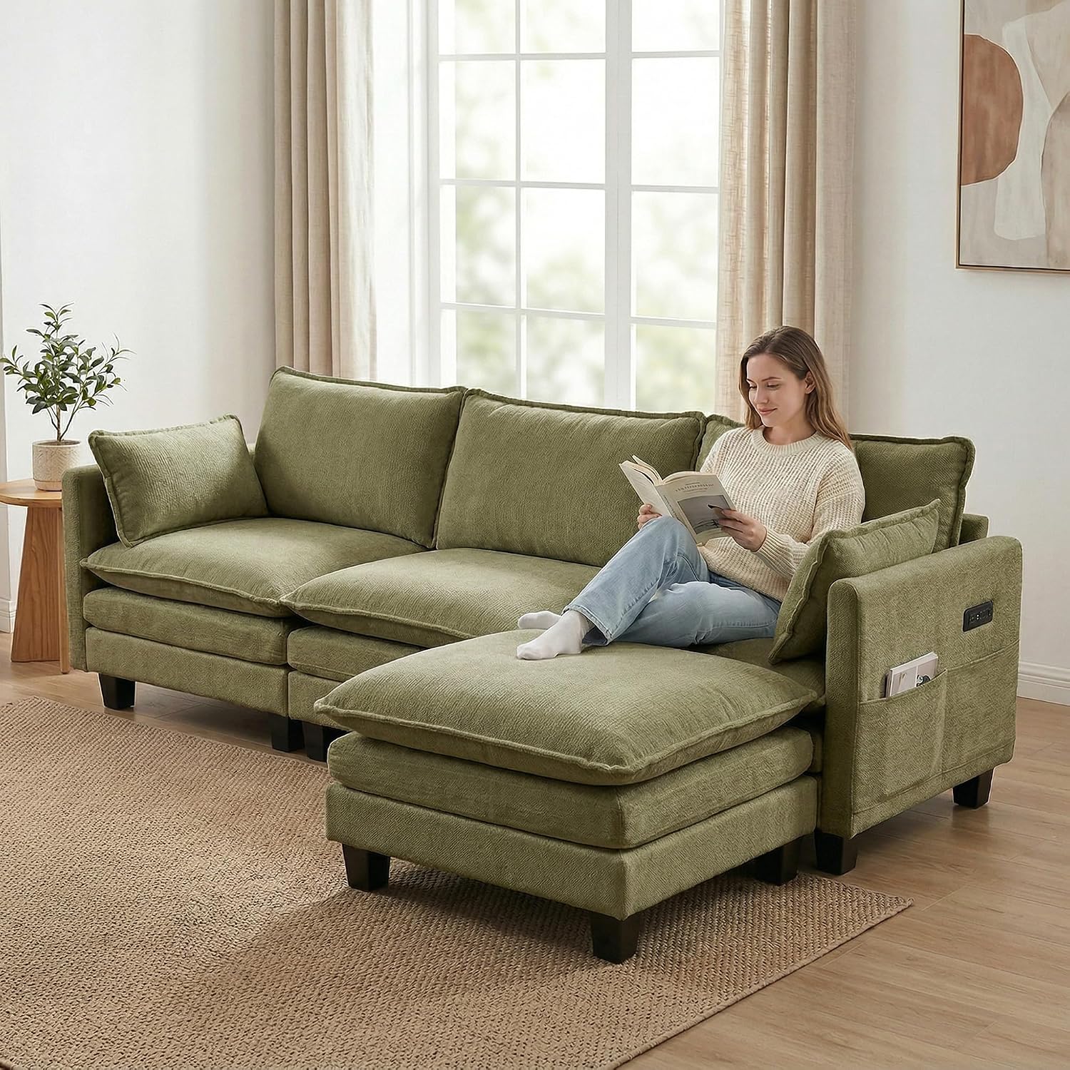 Eafurn Modular Sectional Sofa with Movable Ottomans for Living Room, 4 Seater Convertible U Shaped Sectional Couch Modern Reversible Chenille Sofa Set w/USB Ports and Side Pockets