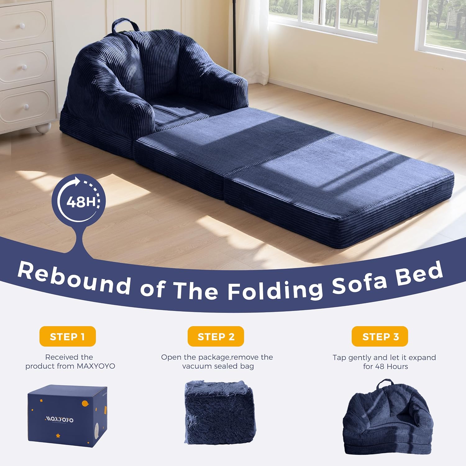 MAXYOYO Folding Sofa Bed with Backrest, Boneless Fold Out Couch Bed with Handle, 2 in 1 Convertible Bean Bag Chair to Floor Sofa Lounger, Comfy Folding Couch for Bedroom & Living Room, Navy