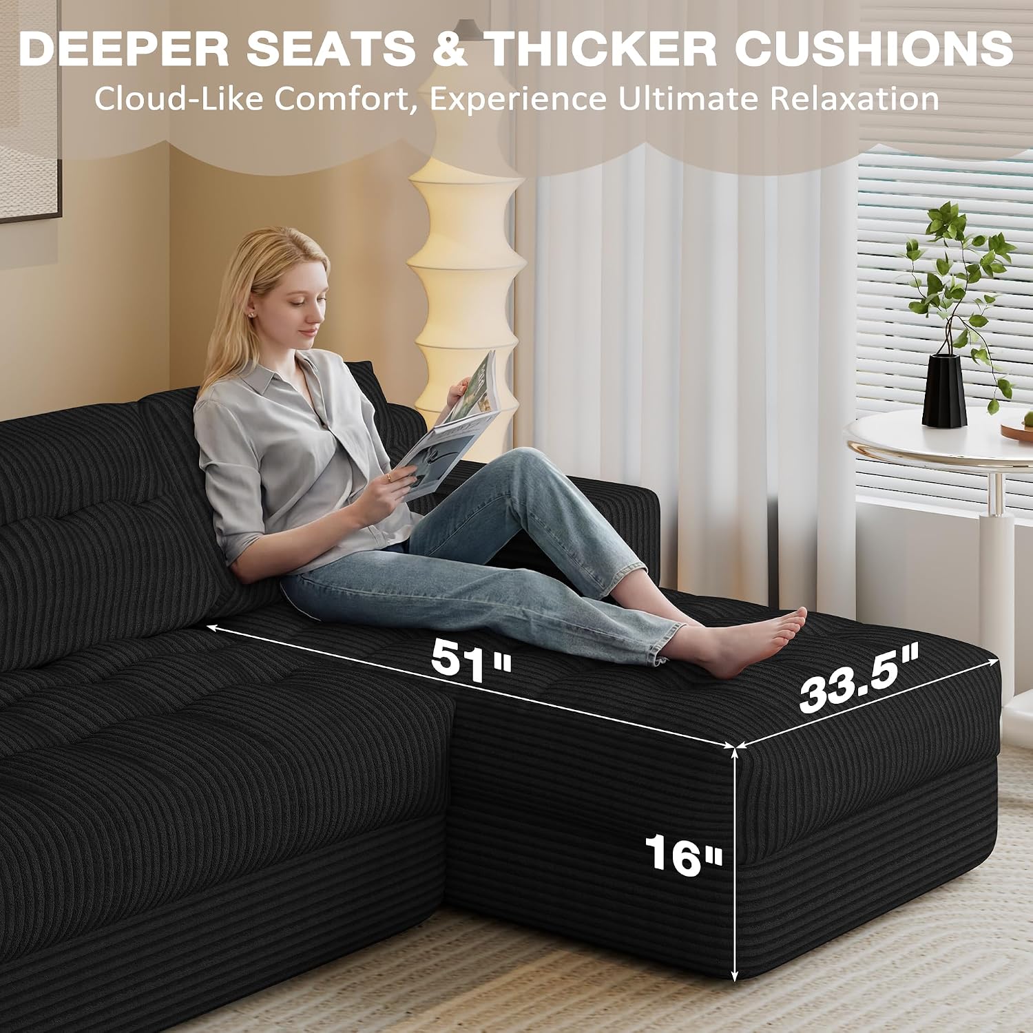 Boneless Couch, 2026 New Boneless Sectional Couch with Deep Seat & Chaise for Small Spaces, Upholstered Cloud Couch Sectional Boneless Couches for Living Room, No Assembly, Right Facing Chaise, Black