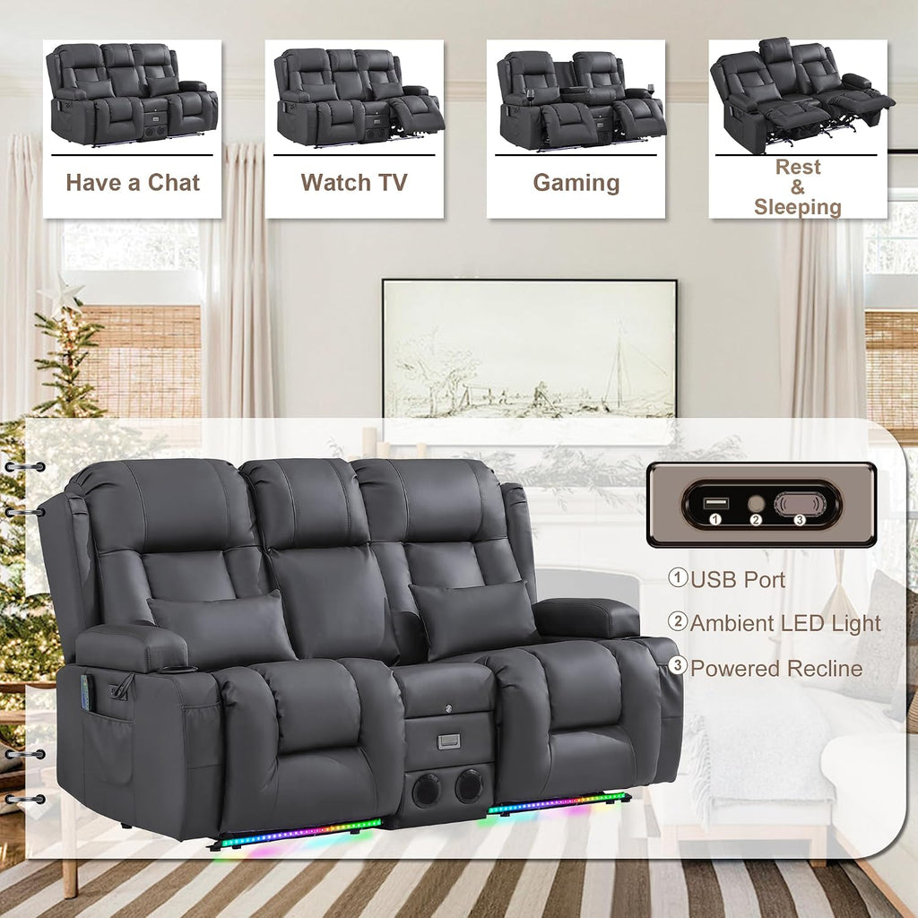 TUNYI Power Loveseat Recliner Sofa with Massage & Heat Home Theater Seating with Console RV Recliner Loveseat Sofa with USB/Storage/Side Pocket/LED Light/Speaker (Warm Grey, Loveseat)