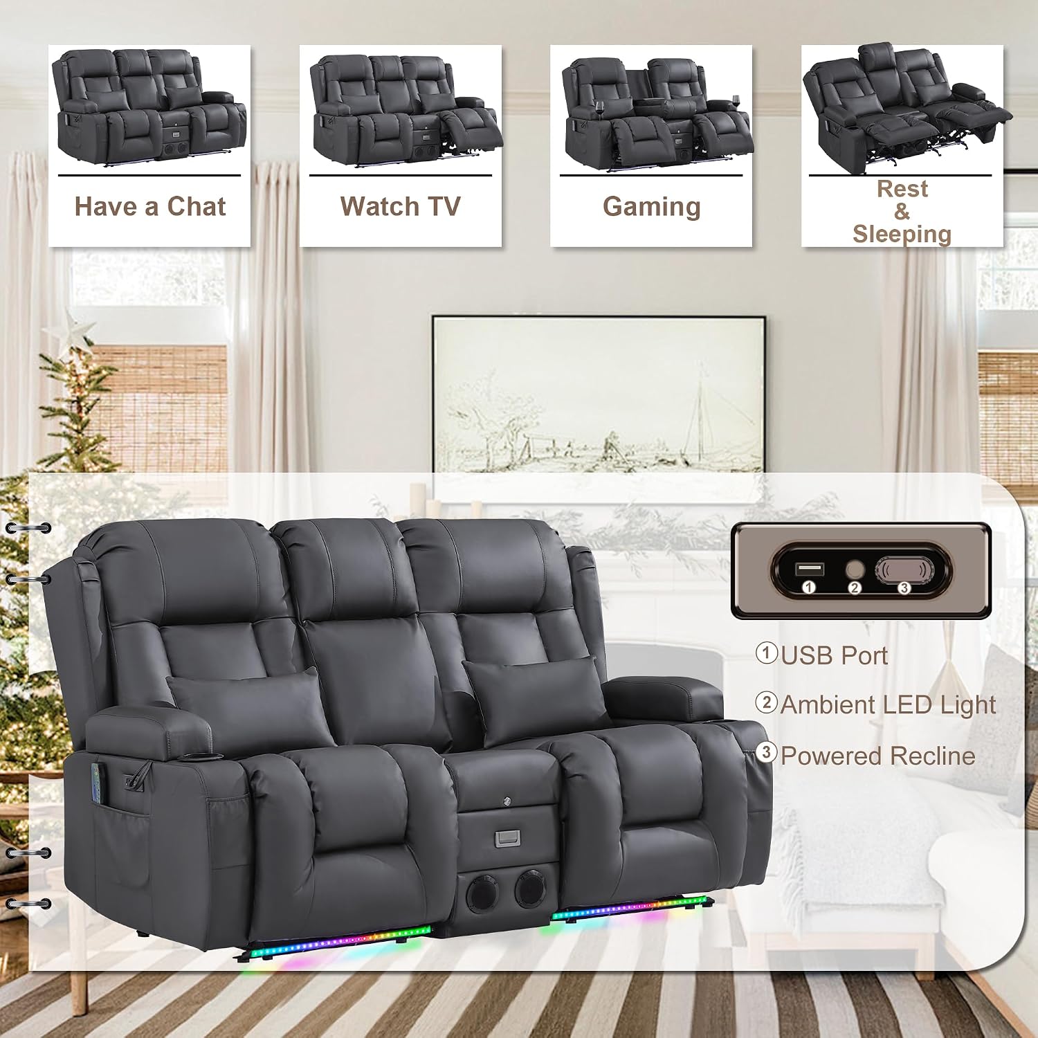 TUNYI Power Loveseat Recliner Sofa with Massage & Heat Home Theater Seating with Console RV Recliner Loveseat Sofa with USB/Storage/Side Pocket/LED Light/Speaker (Warm Grey, Loveseat)